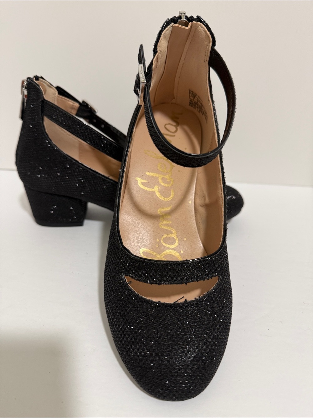 Sam Edelman Little Girls Evelyn Betty Black Glitter Ankle Mary Jane Shoes